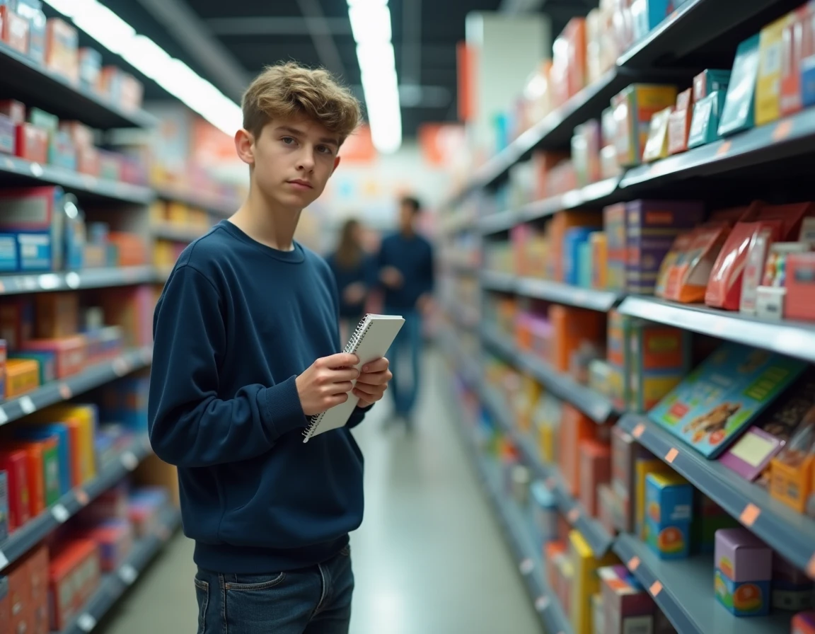 Adolescent dans le rayon fournitures scolaires d'une papeterie, hésitant entre différents articles pour la rentrée 2026