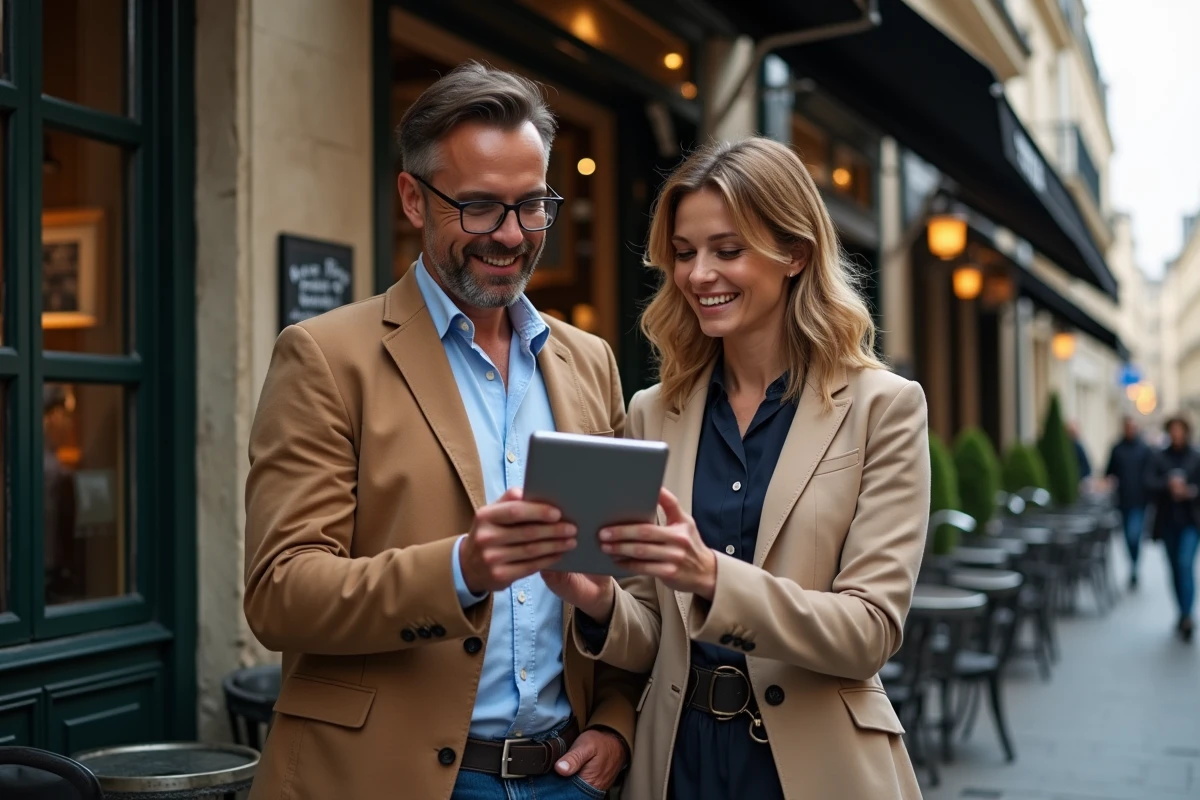 Deux amis discutant devant un café parisien avec une tablette