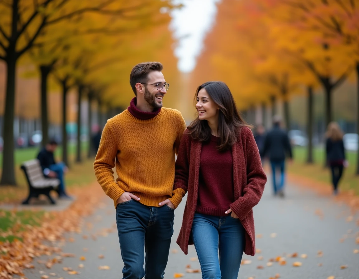 Deux amis marchant et riant dans un parc en automne illustrant les relations sociales positives au quotidien