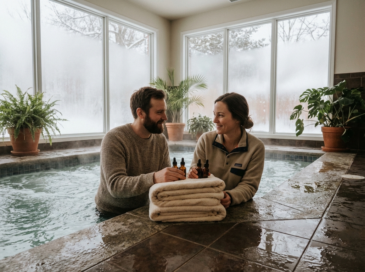 Deux amis préparant un spa intérieur avec serviettes et huiles