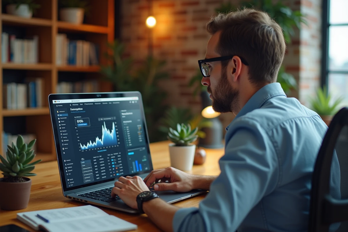Homme analysant les tendances du marché immobilier sur un ordinateur portable dans un bureau à domicile