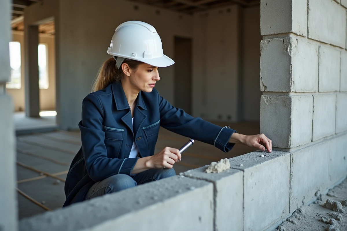 Architecte inspectant la qualité des joints d'un mur en parpaings sur un chantier en cours