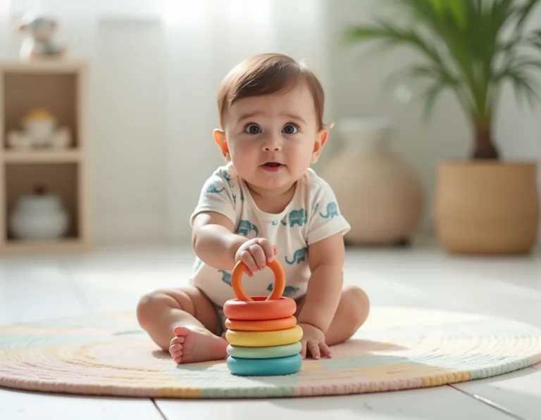 Bébé de 8 mois assis sur un tapis d'éveil coloré qui attrape des anneaux empilables pour stimuler sa motricité