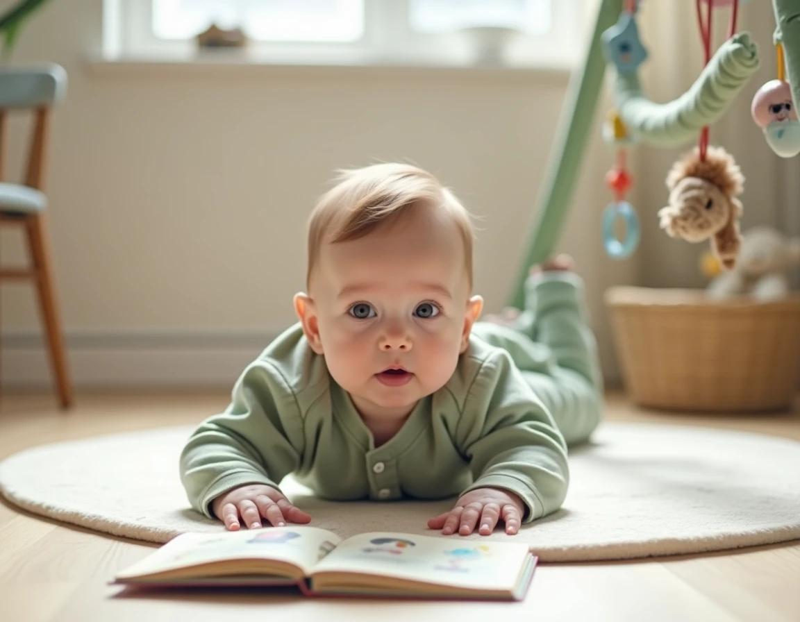 Bébé de 8 mois en position ventre faisant du tummy time avec un livre sensoriel pour développer sa motricité et l'éveil