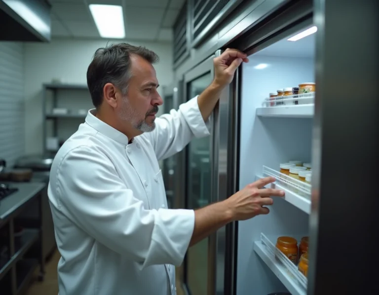 Chef professionnel inspectant l'intérieur d'un réfrigérateur professionnel en inox dans une cuisine de restaurant