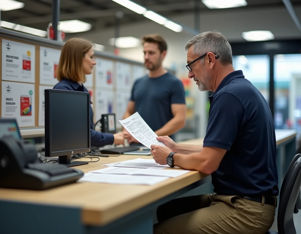Client examinant des documents imprimés au service client d'un magasin Carrefour