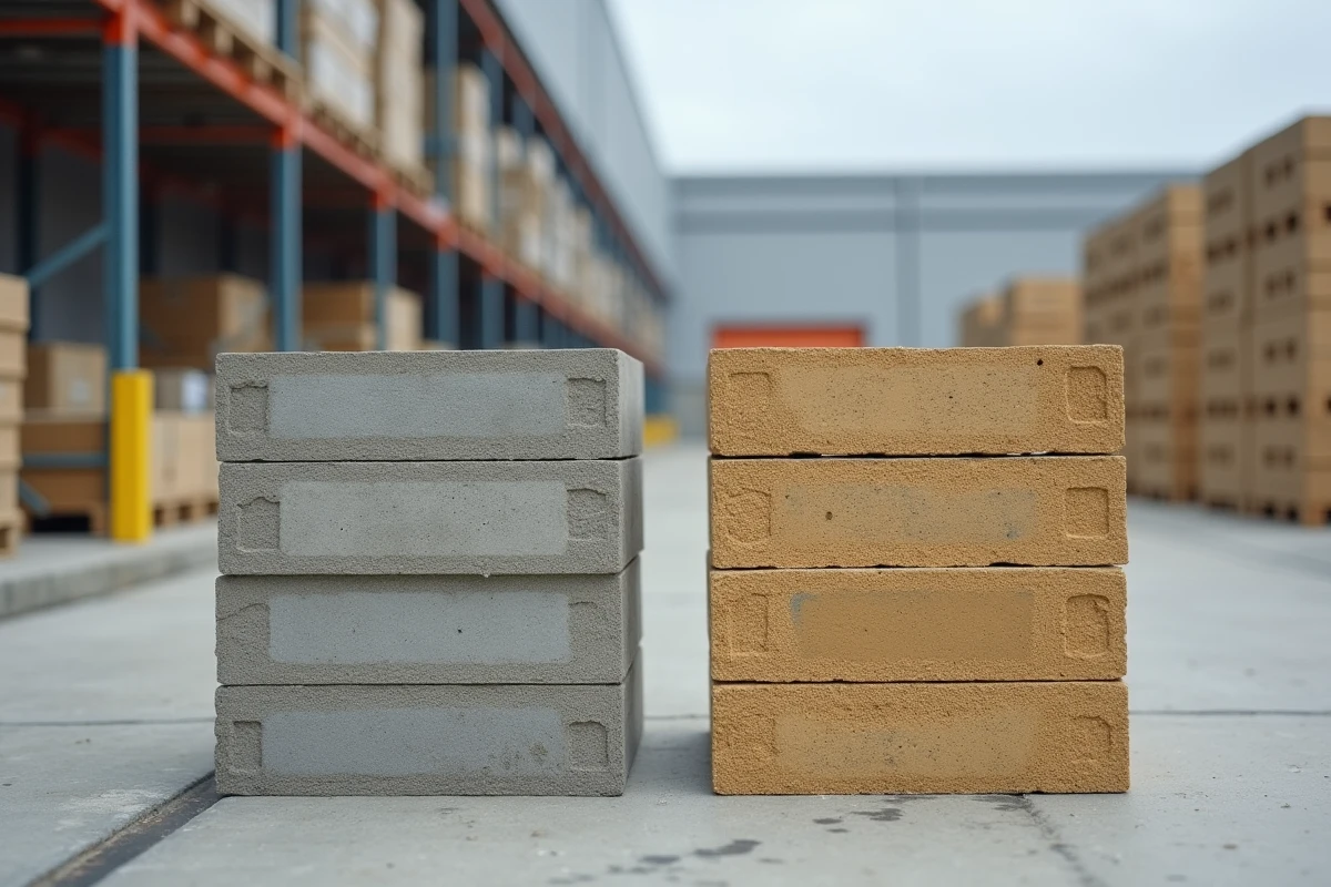 Comparaison de blocs de parpaing en béton et de blocs en béton cellulaire dans une cour de matériaux