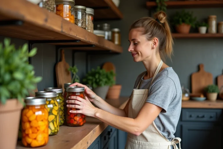 Femme rangeant des bocaux en verre remplis de légumes conservés sur une étagère en bois dans une cuisine rustique
