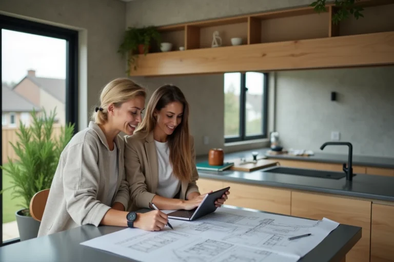 Couple étudiant des plans architecturaux dans une maison moderne neuve lors d'un projet d'achat immobilier