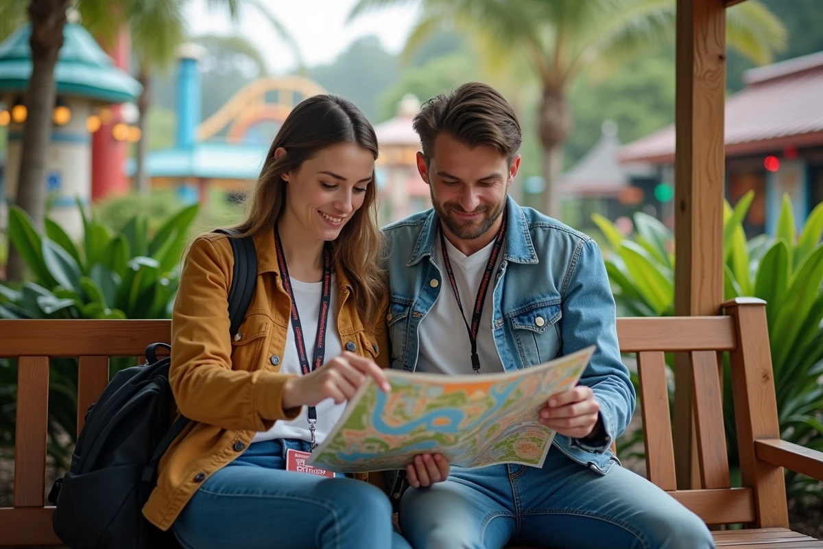 Couple consultant une carte de parc Disney pour planifier leur journée à Disney World en Floride