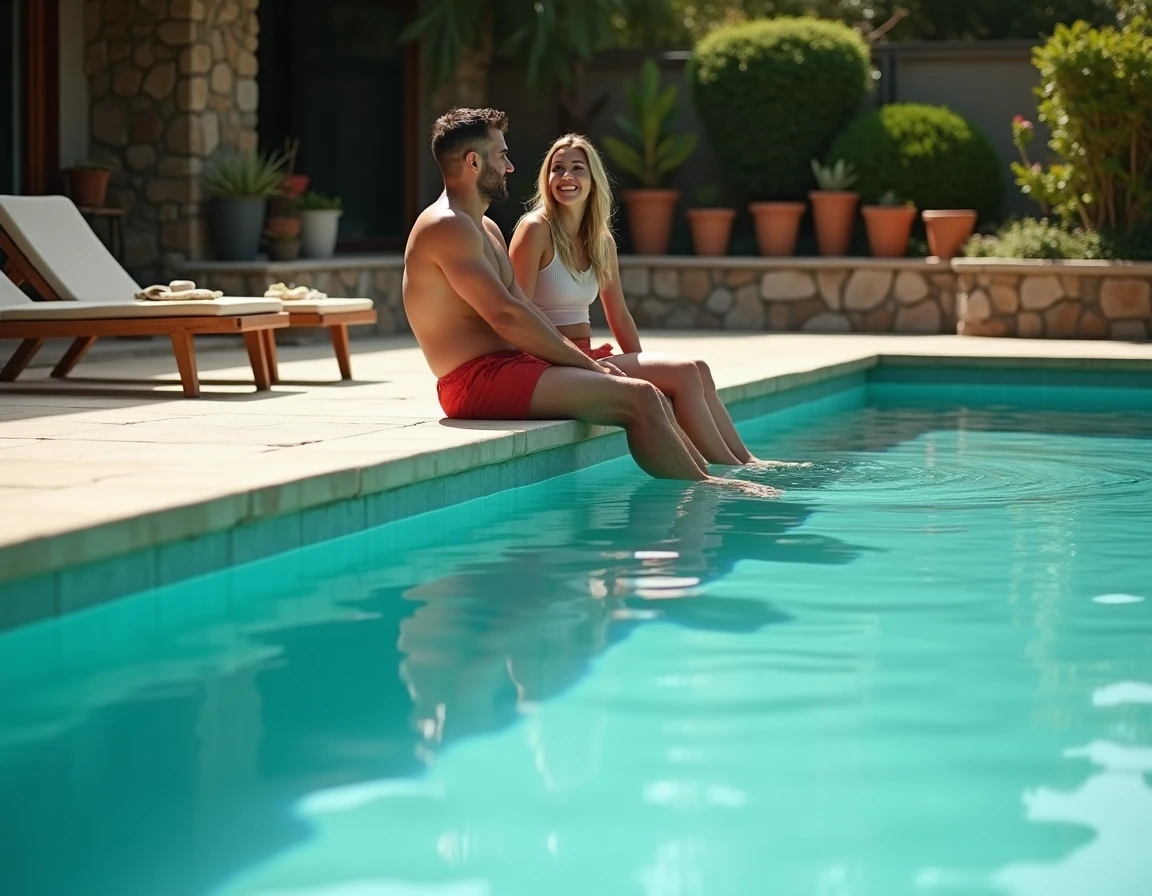 Couple assis au bord d'une piscine à débordement traitée au magnésium dans un jardin aménagé avec transats en bois et mur en pierre