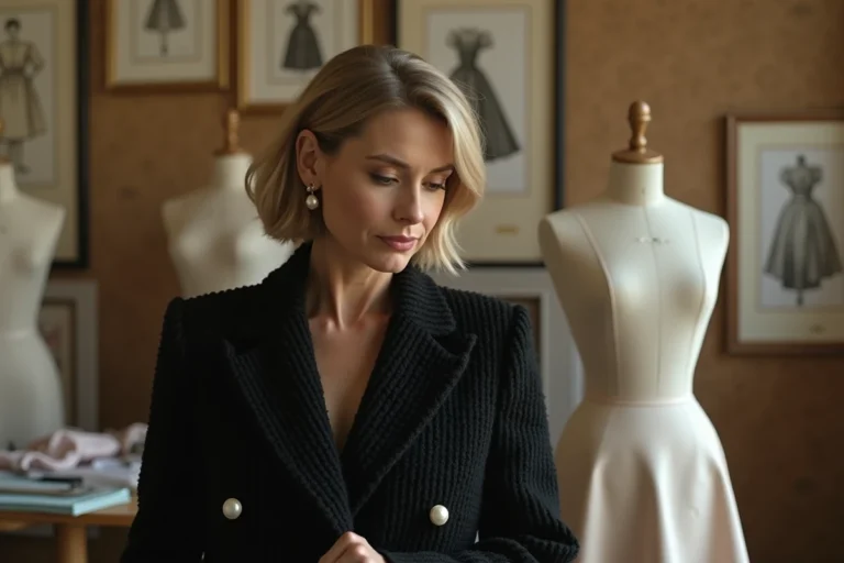 Créatrice de mode parisienne inspectant une veste bouclé dans un atelier de haute couture, héritière du style Chanel