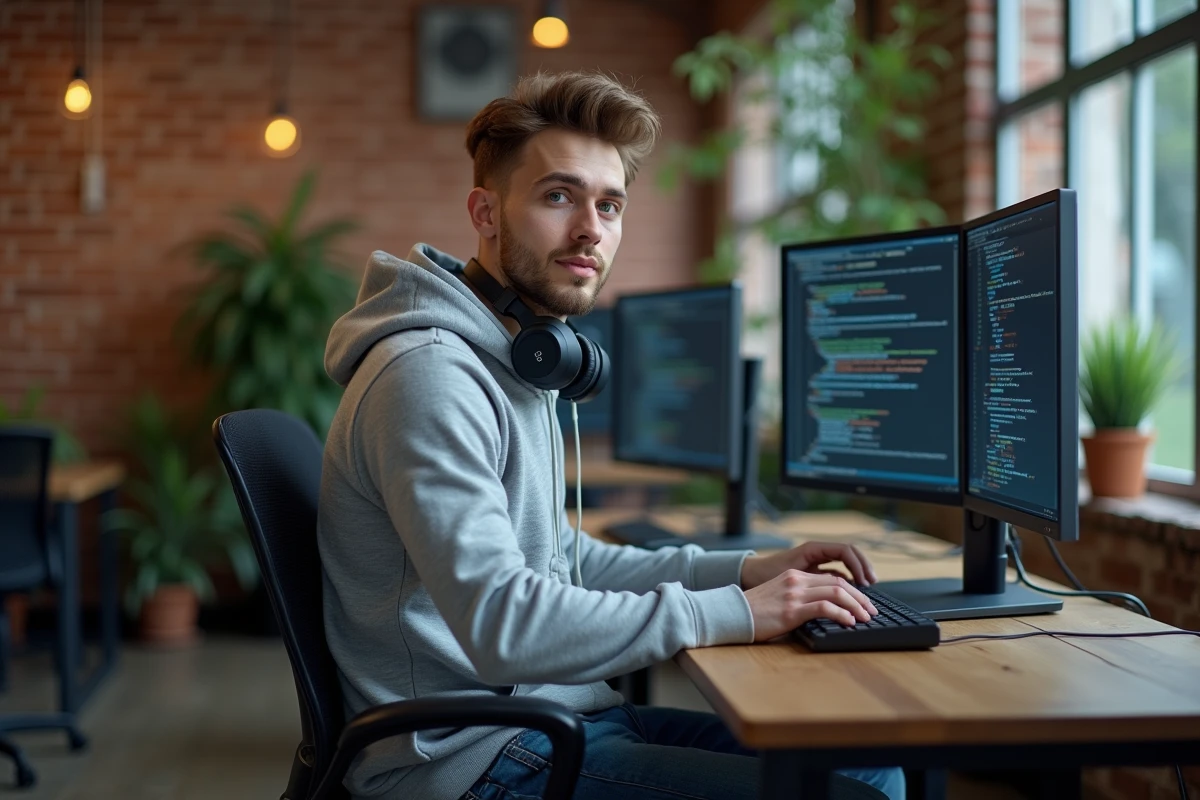 Jeune développeur informatique travaillant sur deux écrans dans un espace de coworking moderne, illustrant les métiers tech bien rémunérés à 20 euros de l'heure en 2024