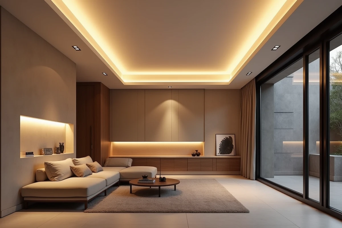 Éclairage indirect par bandeaux LED encastrés dans un caisson de plafond et une niche murale dans un salon moderne aux tons neutres