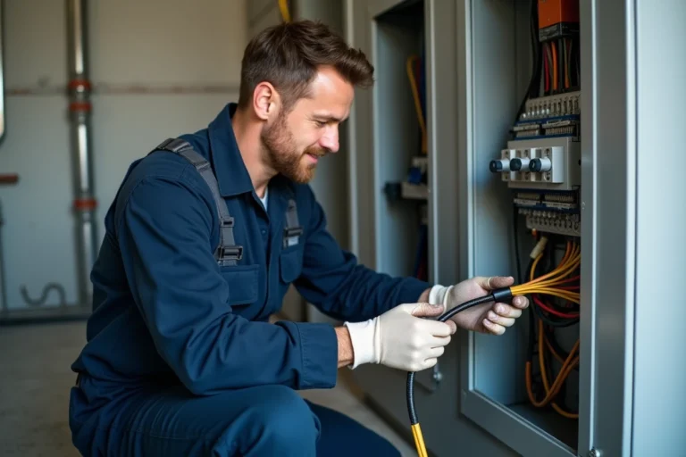 Électricien homme connectant un câble R2V dans un panneau électrique