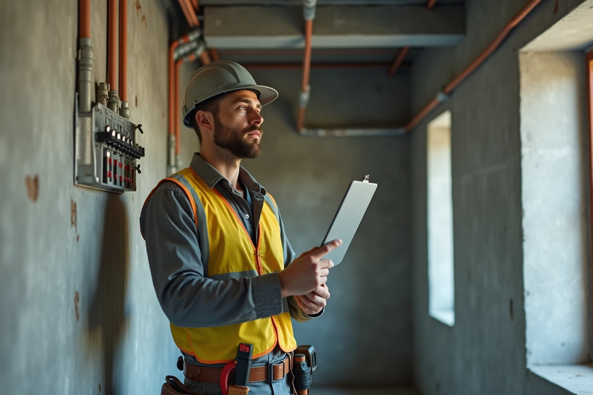 Électricien en tenue de travail inspectant un tableau électrique dans un couloir de bâtiment résidentiel, représentant les métiers manuels qualifiés payant 20 euros de l'heure