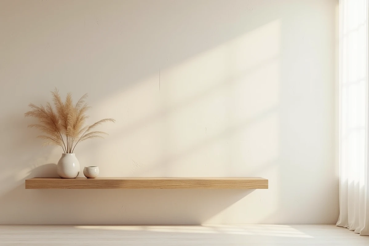 Mur d'accent en enduit à la chaux avec texture artisanale naturelle et console en chêne minimaliste dans un salon moderne