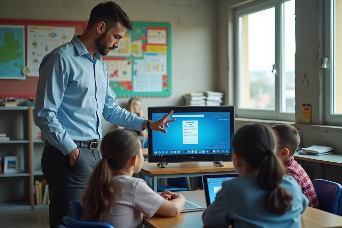 Enseignant guidant des élèves avec un écran tactile en classe moderne