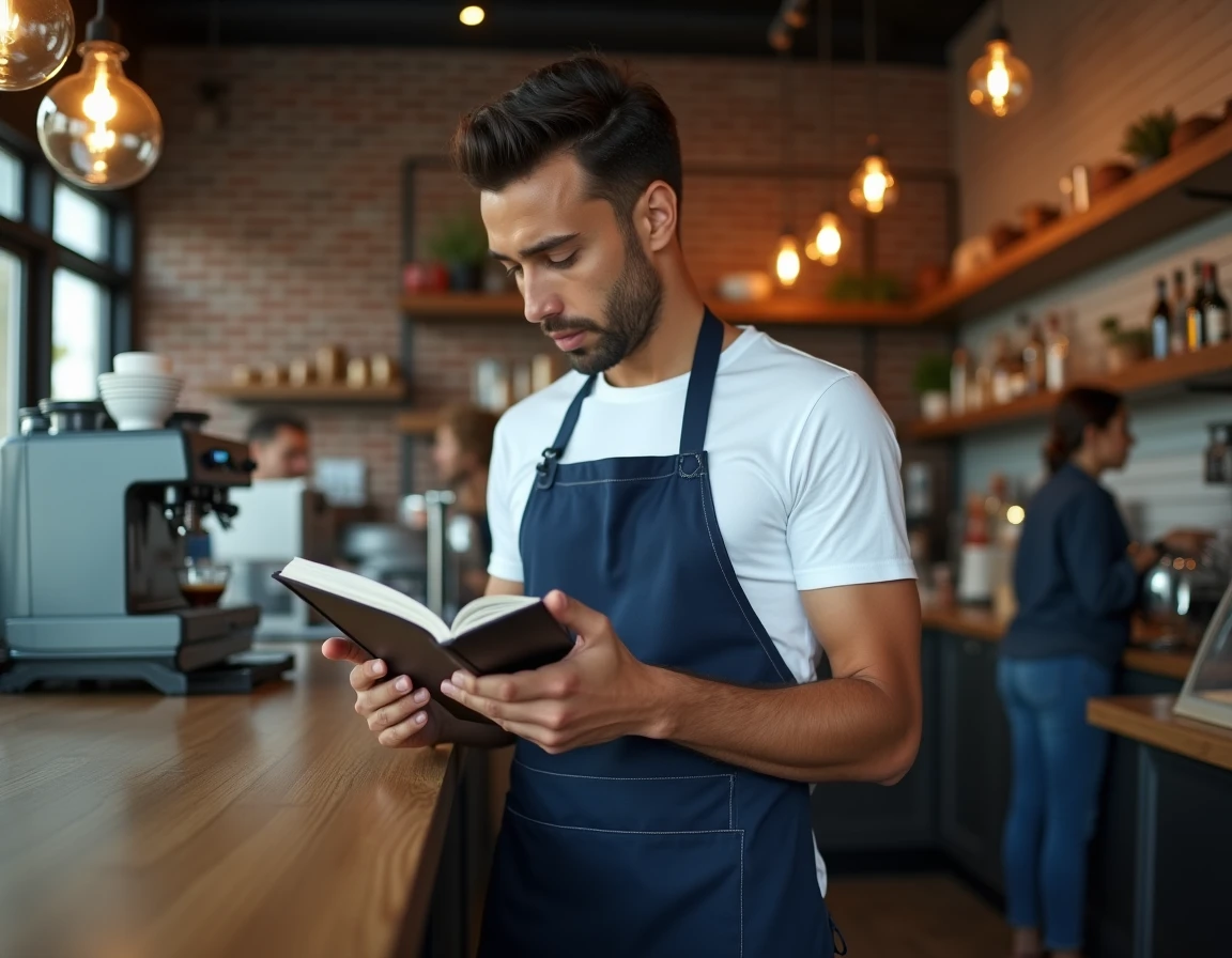 Étudiant travaillant comme serveur dans un café tout en consultant son planning pour concilier emploi et études