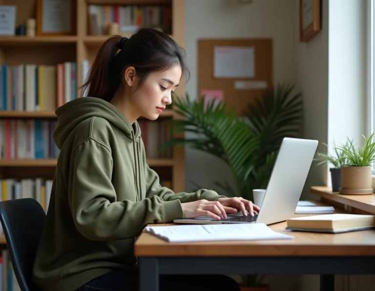 Étudiante travaillant sur son ordinateur portable tout en gérant ses documents de bourse dans son appartement étudiant