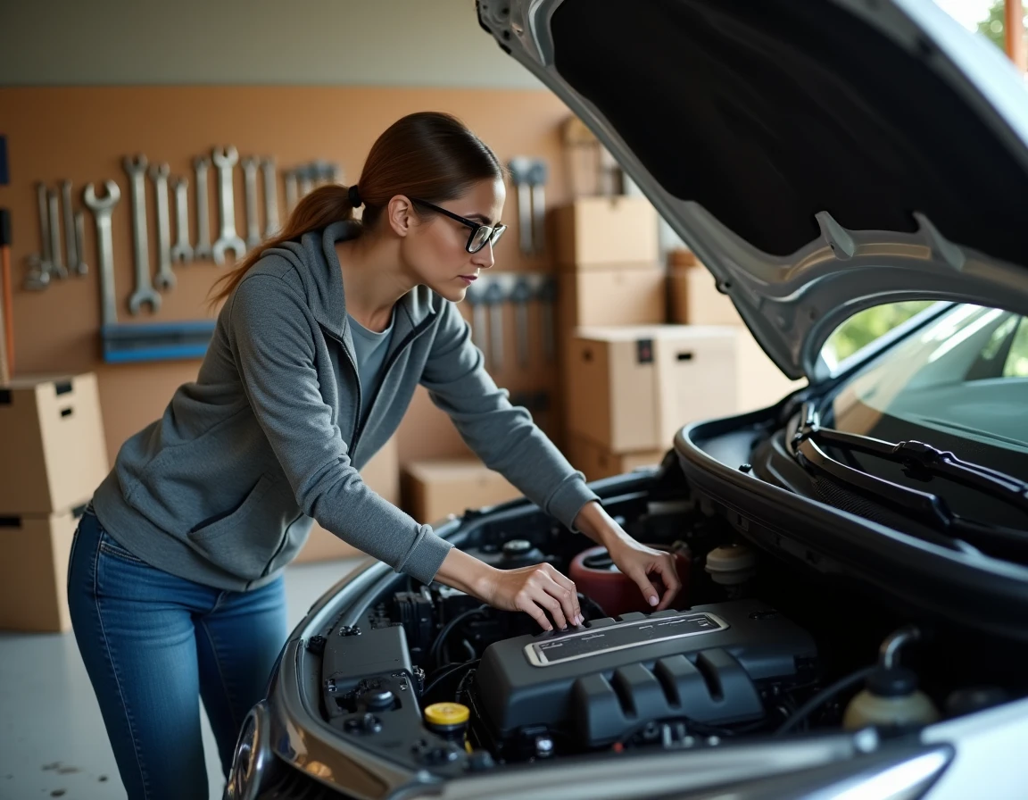 Experte en mécanique automobile inspectant le moteur d'une voiture dans un garage résidentiel