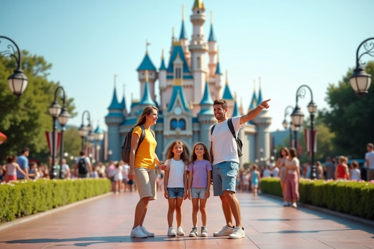 Famille souriante devant le château emblématique de Disneyland lors d'une journée de vacances ensoleillée