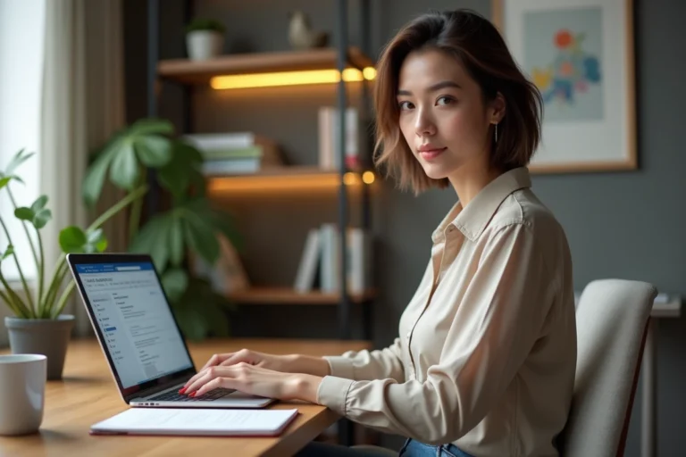 Femme concentrée sur son ordinateur dans un bureau cosy