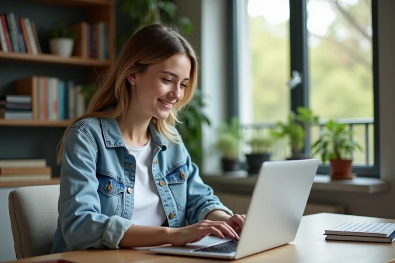 Femme en denim dans un bureau cosy regardant son ordinateur