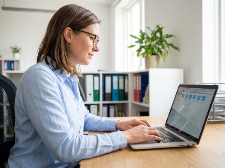 Femme assise à un bureau moderne utilisant un ordinateur portable
