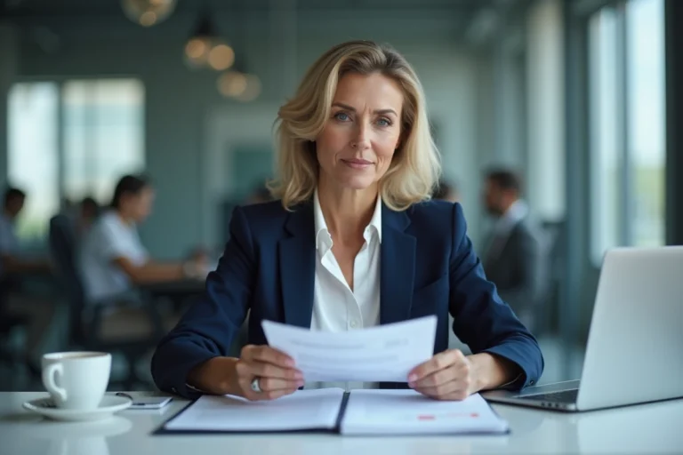 Femme cadre professionnelle en blazer marine consultant des documents dans un bureau moderne, illustrant les métiers bien rémunérés en 2024