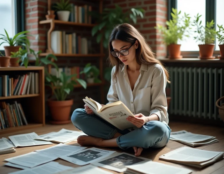 Femme lisant des journaux indépendants et des zines alternatifs sur un plancher en bois dans une bibliothèque chaleureuse