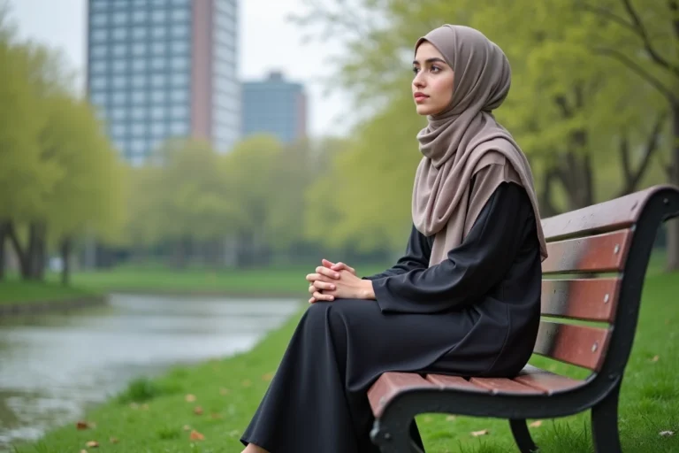 Jeune femme musulmane contemplative dans un parc en ville