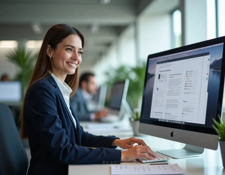 Femme professionnelle naviguant sur les pages clés d'un site web depuis un bureau moderne