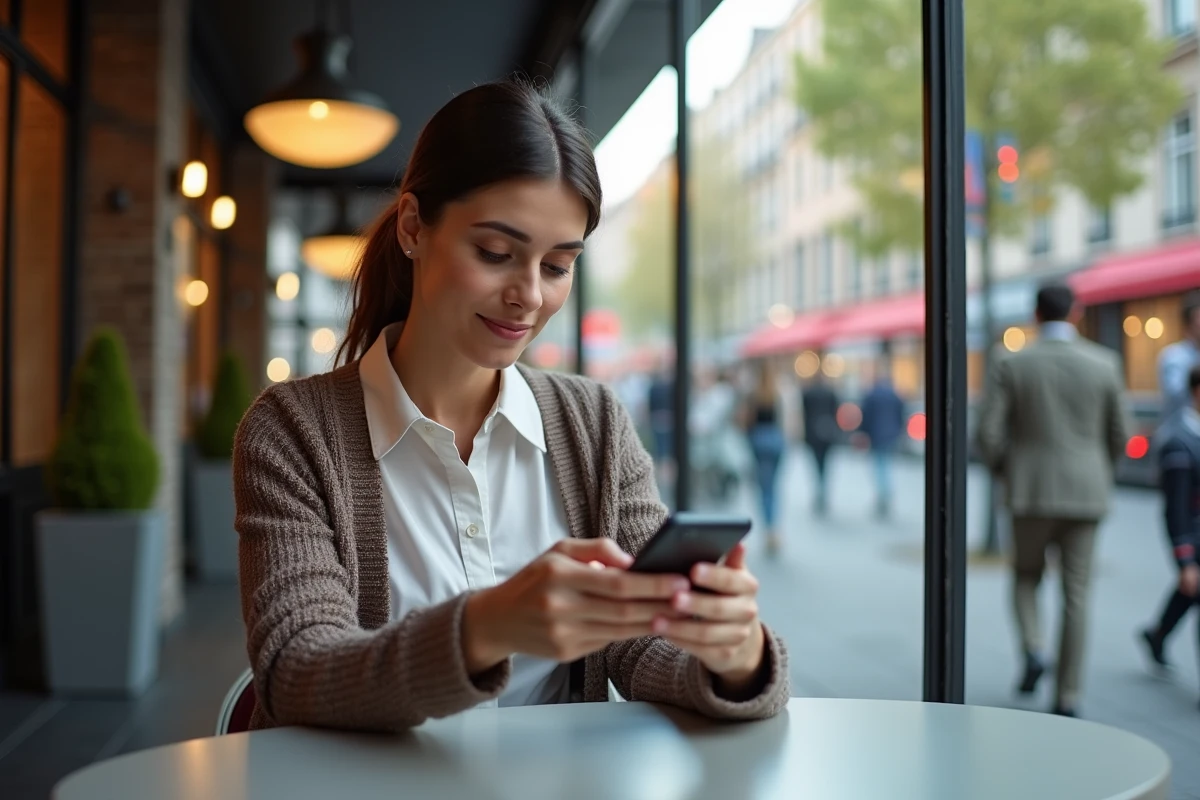 Femme faisant un achat sur smartphone dans un café moderne