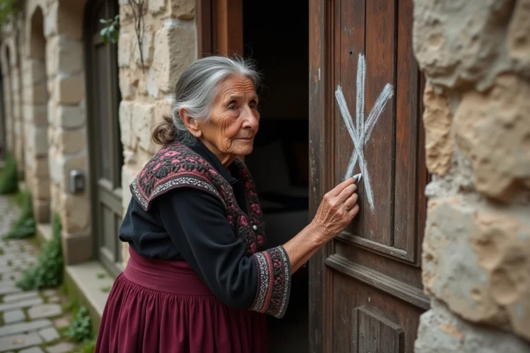 Femme romani âgée traçant un symbole traditionnel à la craie sur un chambranle de porte en bois dans un village d'Europe de l'Est