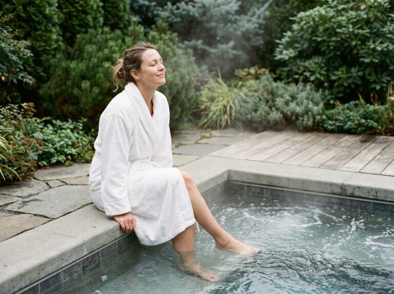 Femme relaxant dans un spa extérieur en robe blanche