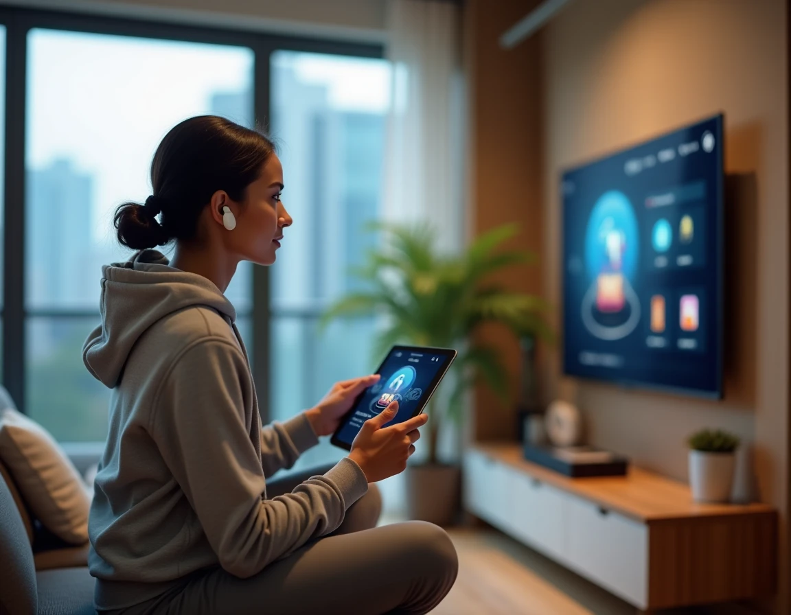 Femme interagissant avec une tablette et un hub maison intelligente dans un appartement moderne, innovations tech 2024