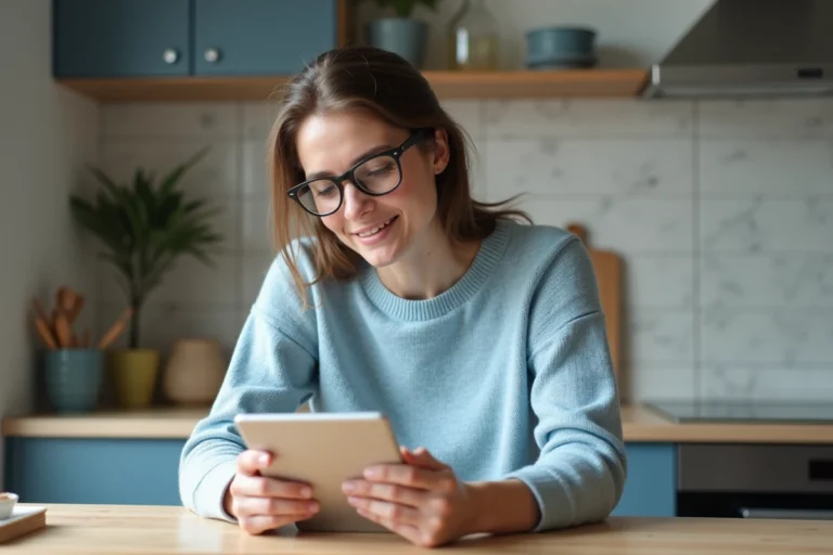 Femme utilisant une application de telehealth dans sa cuisine moderne