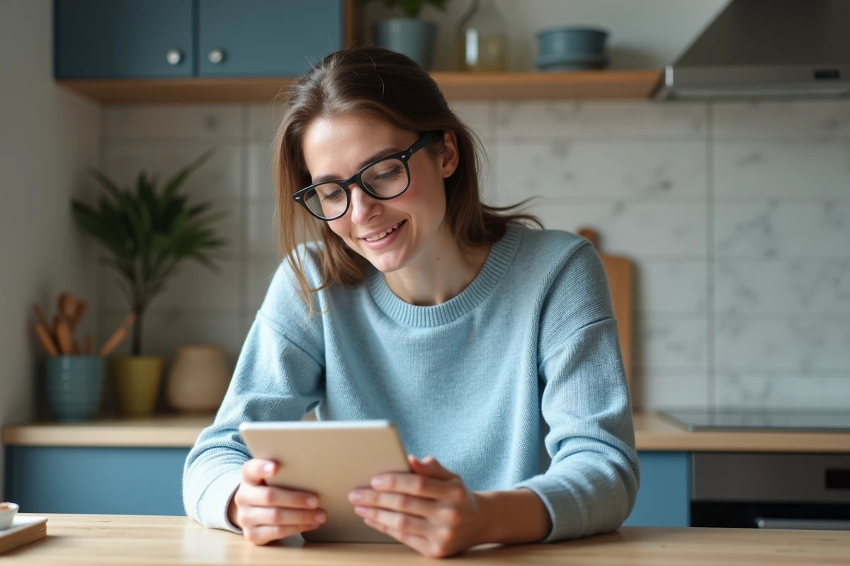 Femme utilisant une application de telehealth dans sa cuisine moderne