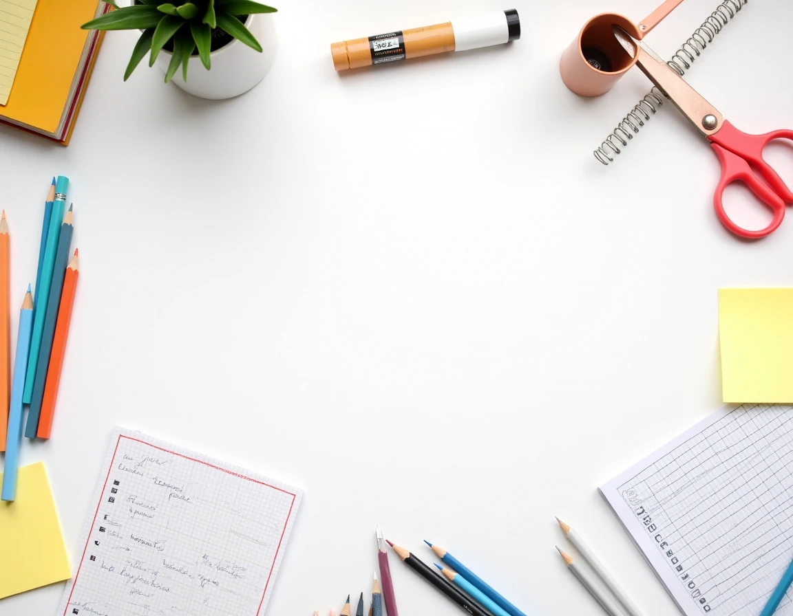 Vue de dessus d'une liste de fournitures scolaires officielle et d'une liste personnalisée annotée, posées sur un bureau avec des articles de papeterie pour la rentrée
