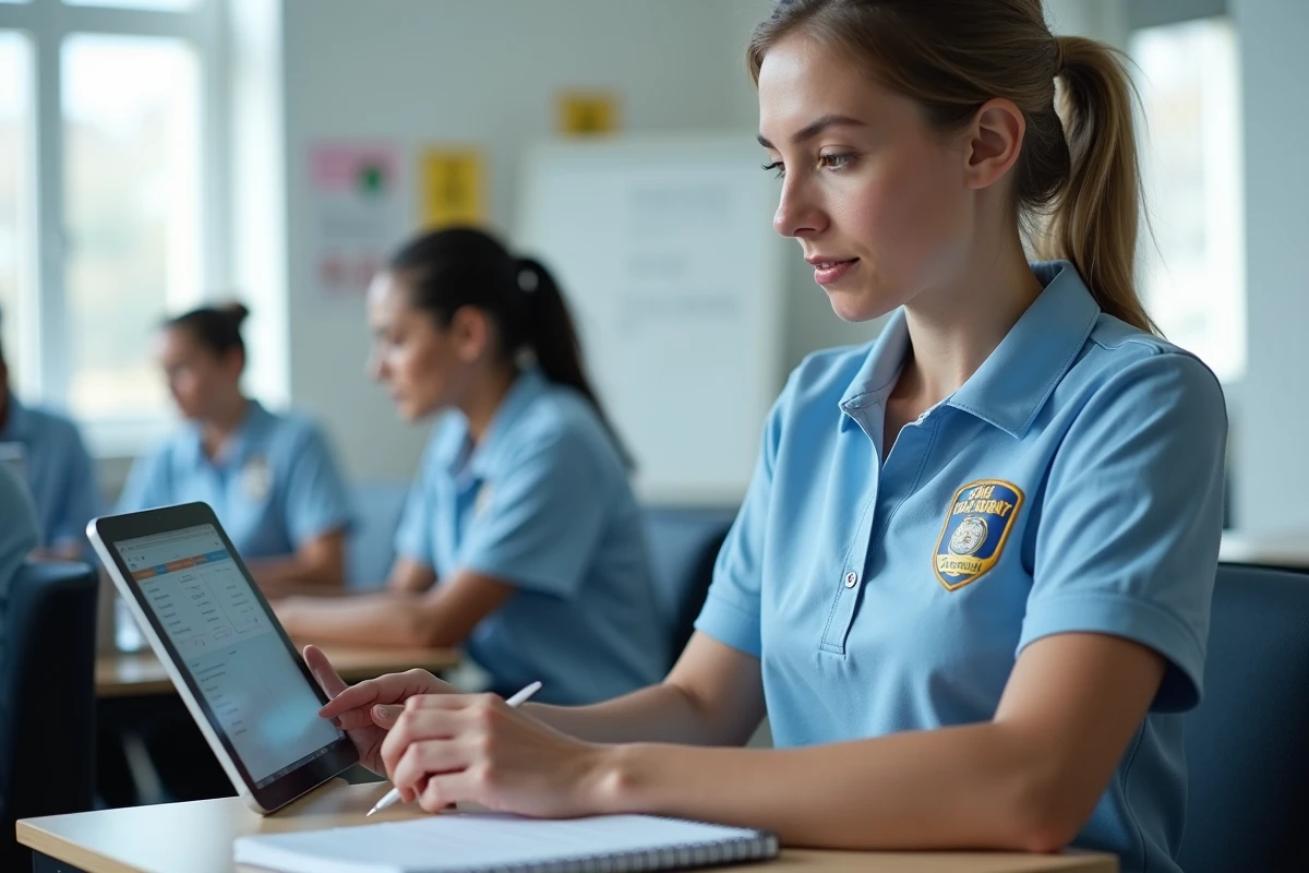 Stagiaire de la police nationale suivant une formation en ligne sur tablette dans une salle de classe d'académie de police
