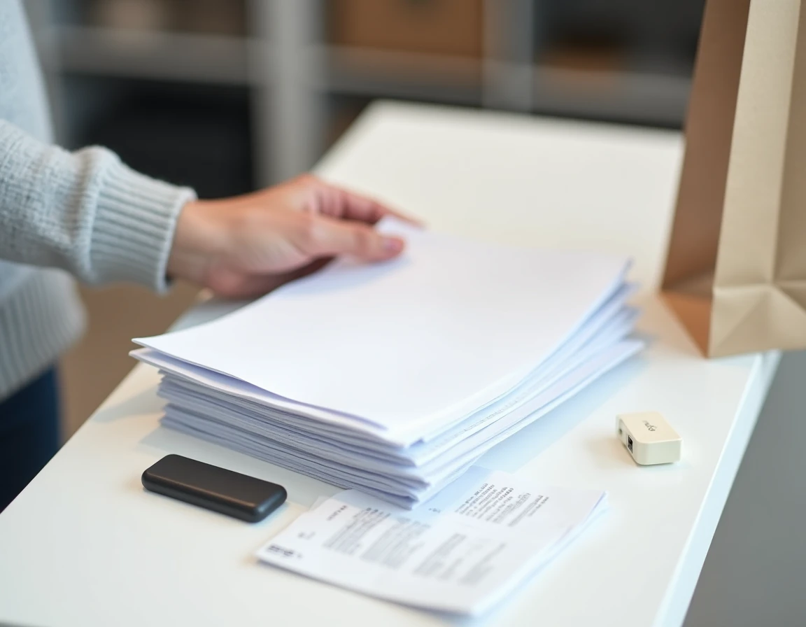 Gros plan sur des documents imprimés en format A4 dans un magasin Carrefour