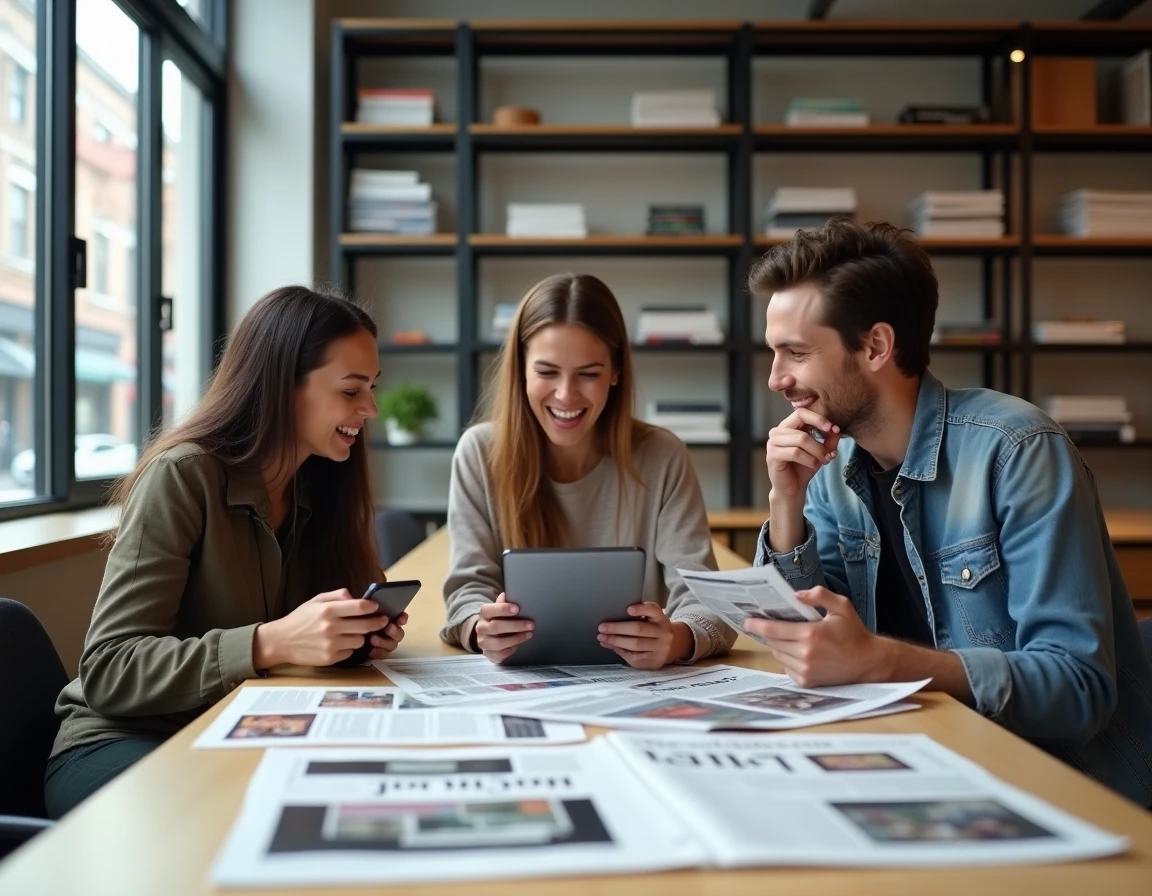 Groupe de jeunes adultes discutant de presse indépendante et de médias alternatifs dans un espace de coworking