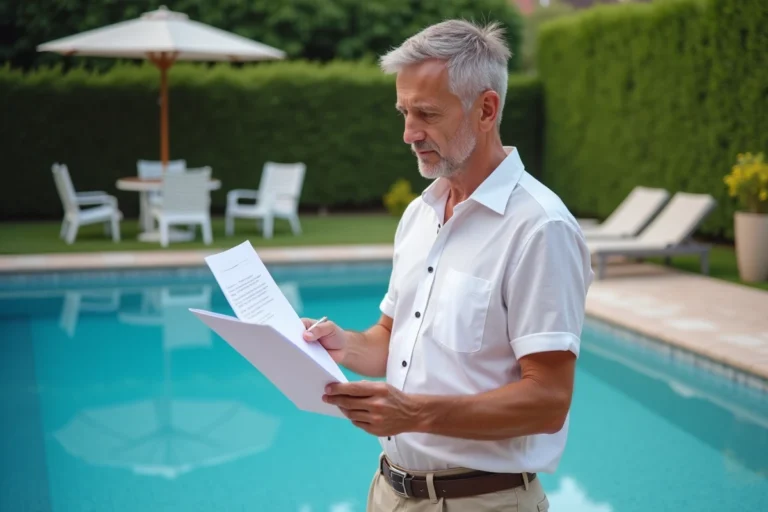 Homme d'âge moyen avec dossier près de la piscine