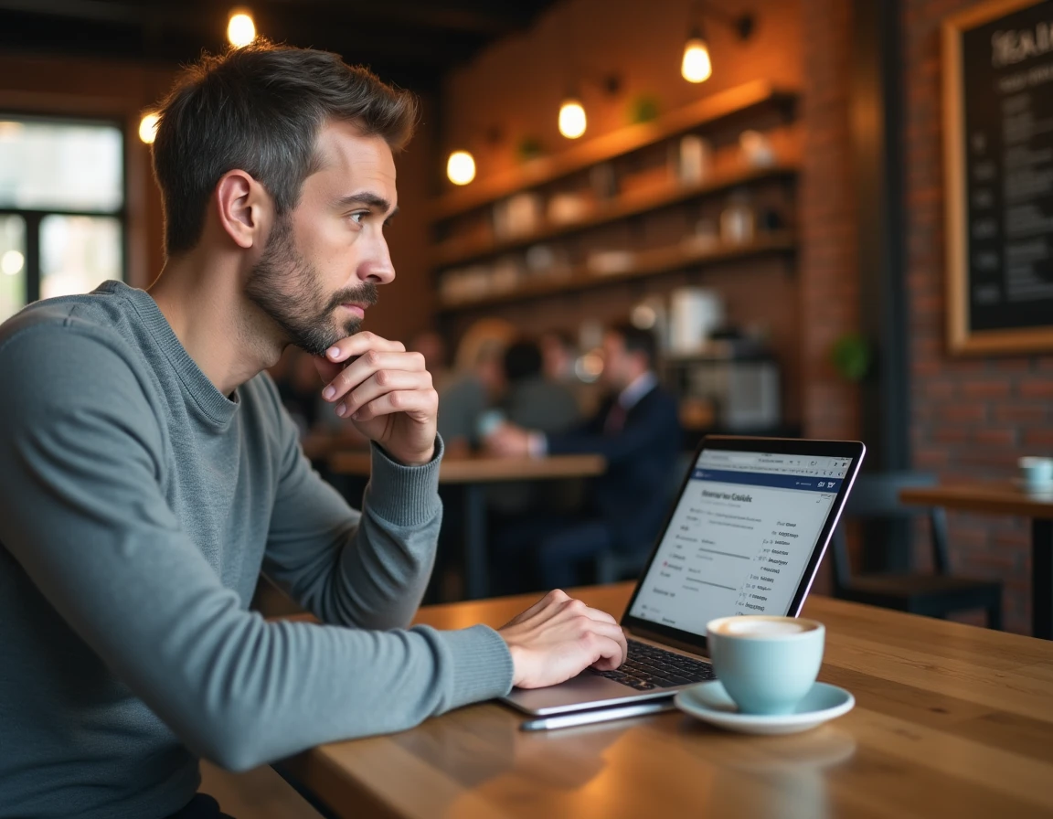 Homme explorant un site web professionnel sur ordinateur portable dans un café urbain