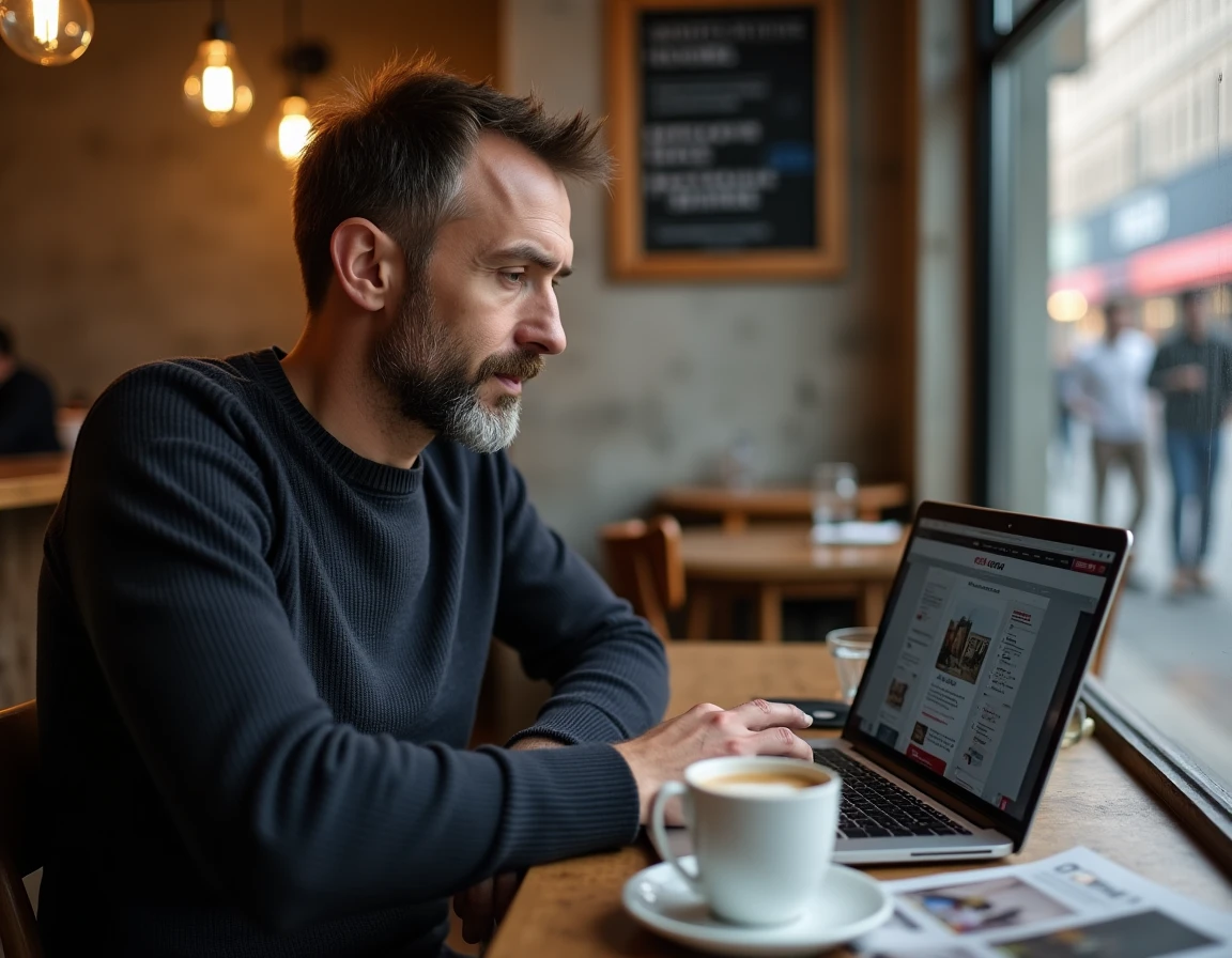 Homme consultant un site d'information alternative sur ordinateur portable dans un café indépendant urbain