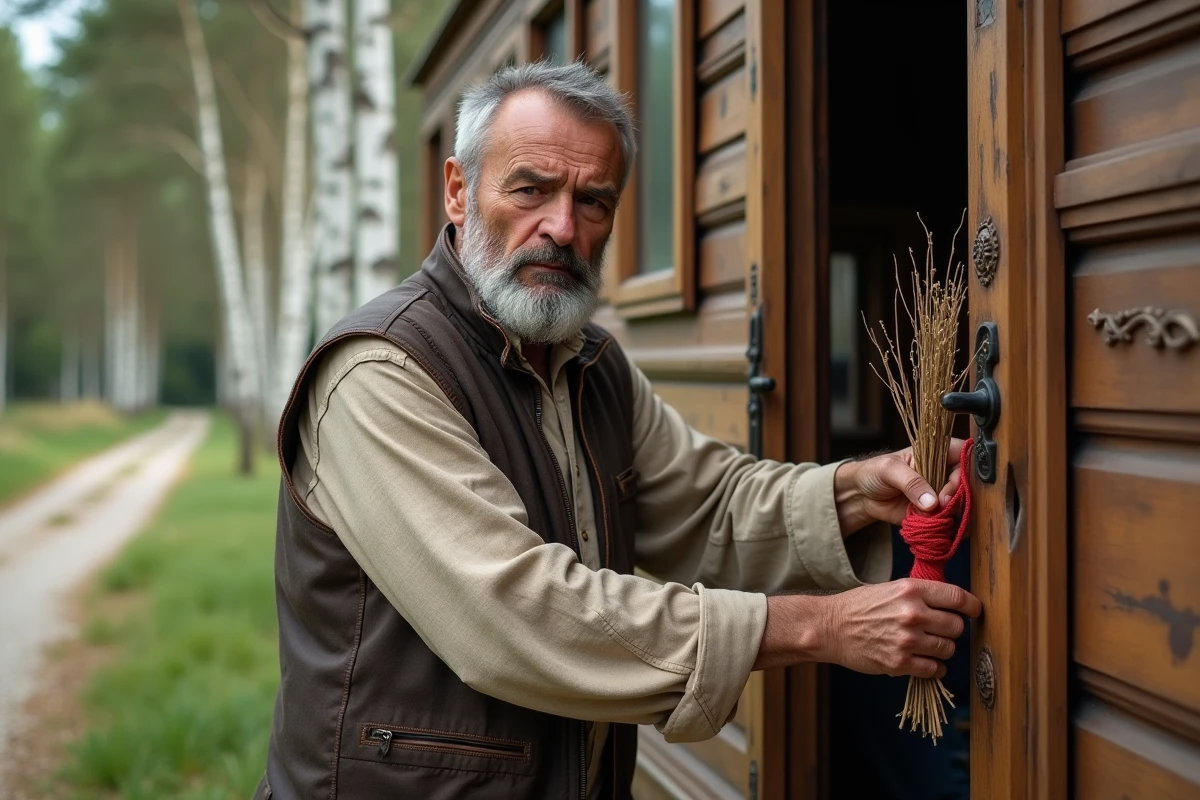 Homme romani montrant des talismans protecteurs accrochés à la porte d'une roulotte traditionnelle en bois au bord d'une route arborée