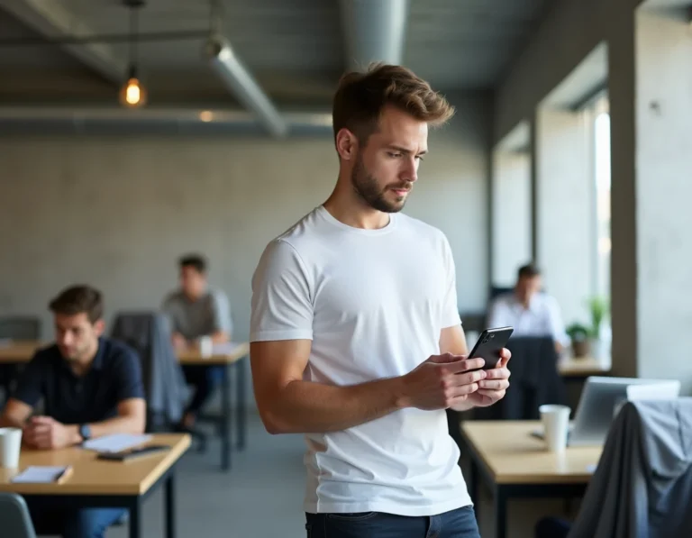 Homme en bureau moderne examinant un smartphone pliable futuriste, tendances high-tech 2024