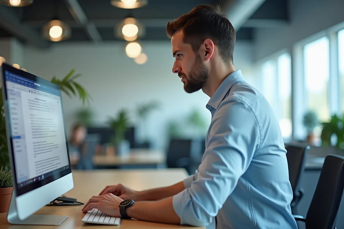 Jeune homme manipulant un document sur son ordinateur