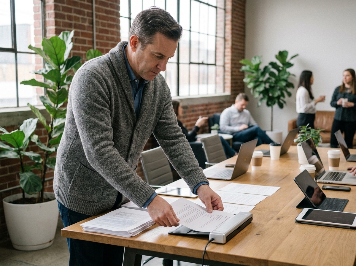 Homme triant des documents et scannant dans un espace de coworking